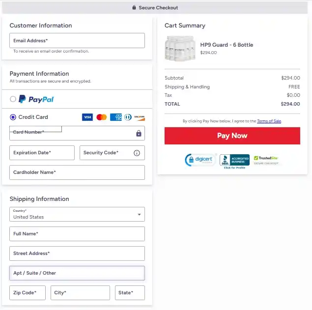 HP9 Guard Order Page